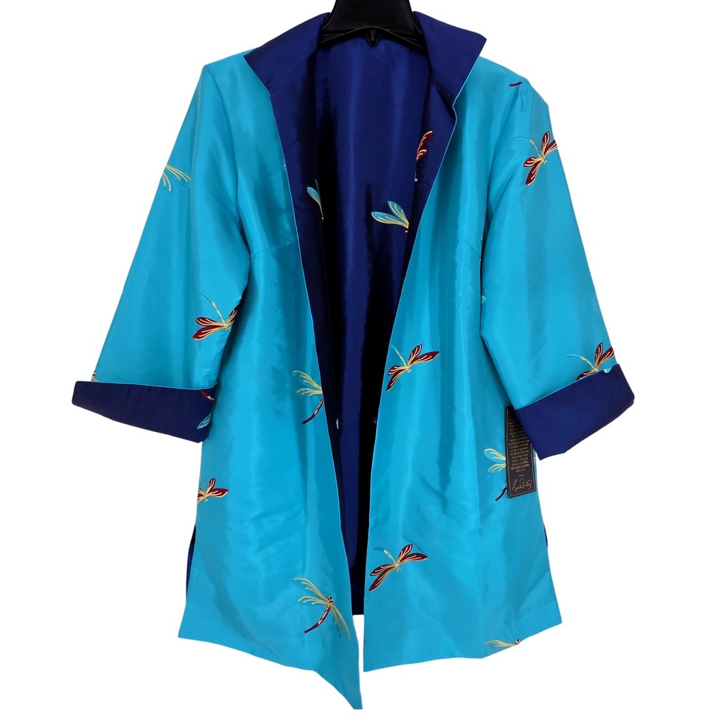 Heidi Daus Reversible Dragonfly Embroidered Topper Jacket Turquoise Blue NWT